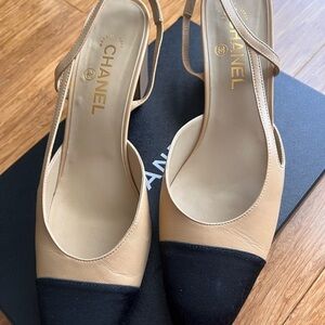 CHANEL Beige and Black Slingback Heels